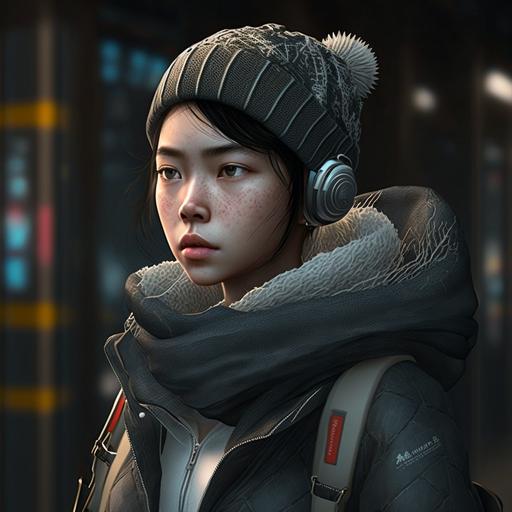 Characters,hyper realistic, ultra-realistic, HD Octane Render, 8k post-production, streetwear style, Y2K style,A beautiful chinese girl with full body and bagpack, black short hair, listening to english with headphones, winter clothing overlay level,Scarves and Beanies，matrix,dynamic light, hyper detailed, ultra realistic, 8k --q 2 --v 4