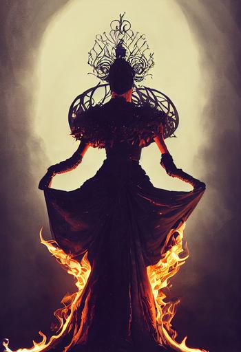 Charcoal Queen ruling over the Kingdom of Purgatory, Epic Charcoal Dress and Tiara, Majestic Smoking and Burning Wand, Magnificent Purgatory Kingdom Streetscape, Lit by intense sunlight, Rich colors, Dark Fantasy, High Fantasy, Elden Ring, Dark Souls, Demon's Souls. Photorealistic, video game-like photographic composition —ar 2:3 —test —creative --upbeta