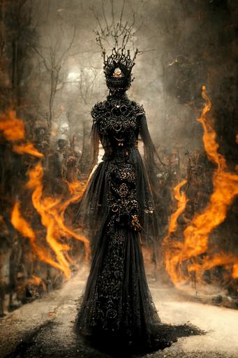 Charcoal Queen ruling over the Kingdom of Purgatory, Epic Charcoal Dress and Tiara, Majestic Smoking and Burning Wand, Magnificent Purgatory Kingdom Streetscape, Lit by intense sunlight, Rich colors, Dark Fantasy, High Fantasy, Elden Ring, Dark Souls, Demon's Souls. Photorealistic, video game-like photographic composition —ar 2:3