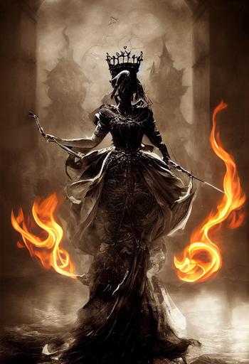 Charcoal Queen ruling over the Kingdom of Purgatory, Epic Charcoal Dress and Tiara, Majestic Smoking and Burning Wand, Magnificent Purgatory Kingdom Streetscape, Lit by intense sunlight, Rich colors, Dark Fantasy, High Fantasy, Elden Ring, Dark Souls, Demon's Souls. Photorealistic, video game-like photographic composition —ar 2:3 --test --creative --upbeta