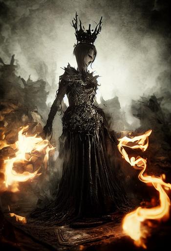 Charcoal Queen ruling over the Kingdom of Purgatory, Epic Charcoal Dress and Tiara, Majestic Smoking and Burning Wand, Magnificent Purgatory Kingdom Streetscape, Lit by intense sunlight, Rich colors, Dark Fantasy, High Fantasy, Elden Ring, Dark Souls, Demon's Souls. Photorealistic, video game-like photographic composition —ar 2:3 --test --creative --upbeta