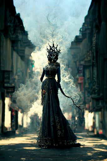 Charcoal Queen ruling over the Kingdom of Purgatory, Epic Charcoal Dress and Tiara, Majestic Smoking and Burning Wand, Magnificent Purgatory Kingdom Streetscape, Lit by intense sunlight, Rich colors, Dark Fantasy, High Fantasy, Elden Ring, Dark Souls, Demon's Souls. Photorealistic, video game-like photographic composition —ar 2:3