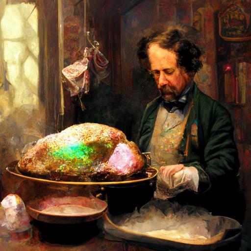 Charles Dickens adding opal colored seasoning to a Christmas ham. Victorian kitchen setting