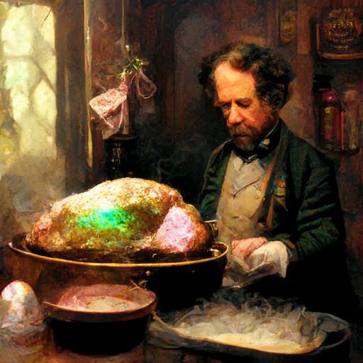 Charles Dickens adding opal colored seasoning to a Christmas ham. Victorian kitchen setting