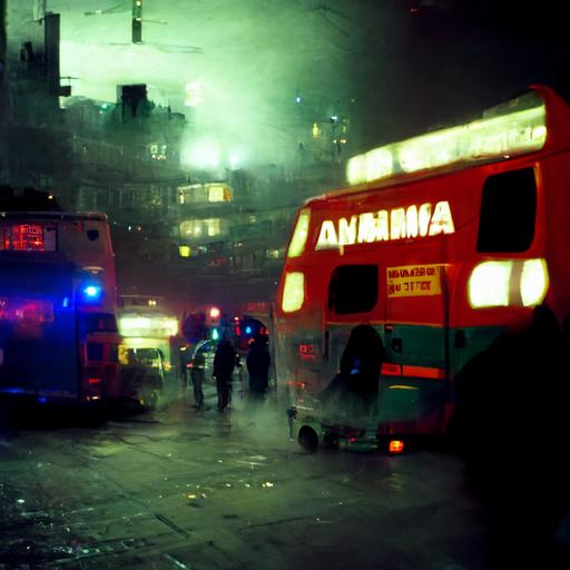 the streets of cyberpunk London, hazy, night scene, drug abuse, ambulance, photorealistic, 35mm anam