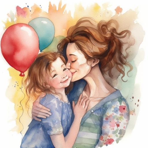 Charming watercolor illustration The image shows a mother and child embracing, with the mother's face filled with love and joy. The child is a young girl, with curly hair and a big smile. She is holding a bouquet of flowers, and a card with the words 