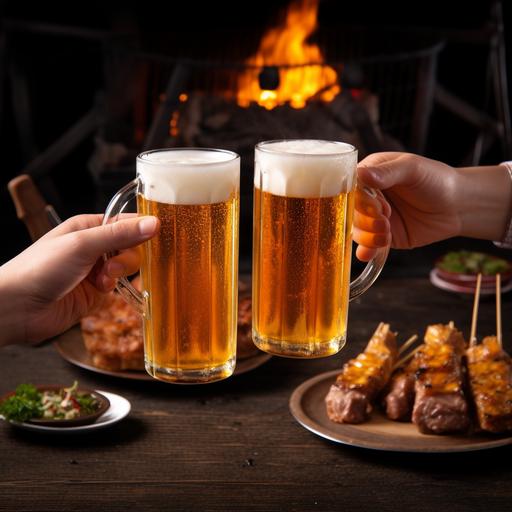 Cheers with refreshing beer and having japanese kushiyaki and deep fried food as background, dark theme, energetic, chill, food photoshoot--ar 3:4