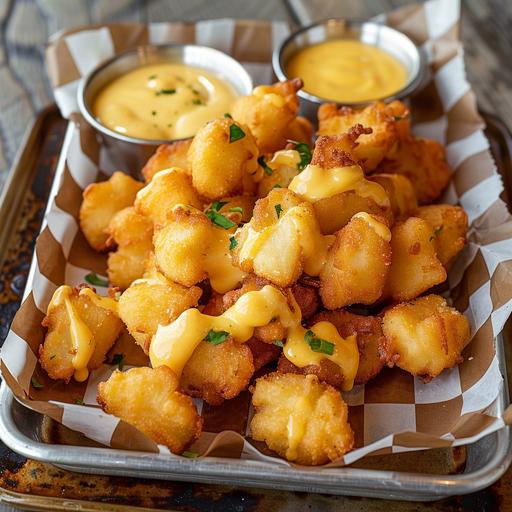 Cheese Curds - served on a metal tray with brown and white checkerd paper. These golden nuggets made with Wisconsin cheese curds, lightly breaded and fried to crispy perfection. As you bite into the crunchy exterior, the curds reveal their molten, gooey cheese centers. Accompanying this indulgent dish is a trio of unique dipping sauces, tangy beer mustard, smoky chipotle, and ranch hyperrealistic 4k v5