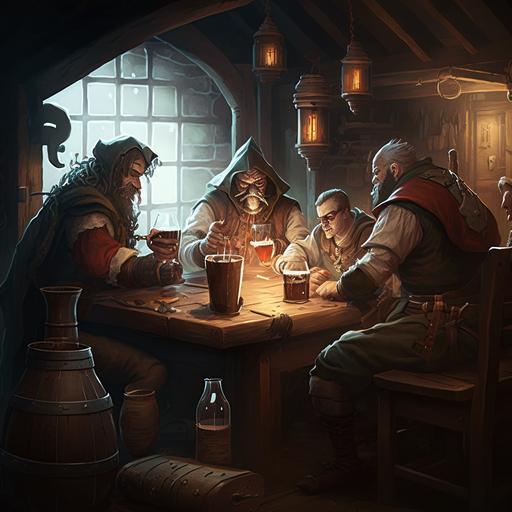 dark fantasy style, in a tavern there is a group of men sitting around the table each with a jug of beer.