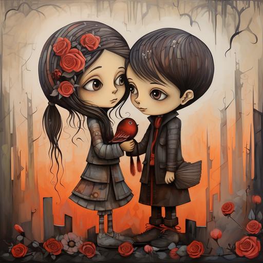 Chibi Couple joined together with a kiss: cartoon in the chibi style of gouache, Anton Semenov, peter mitchev, pyotr konchalovsky, hard edge painting, camille-pierre pambu bodo --ar 1:1