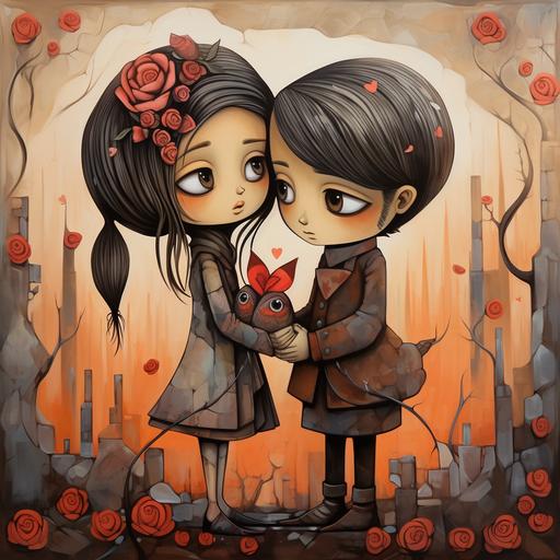 Chibi Couple joined together with a kiss: cartoon in the chibi style of gouache, Anton Semenov, peter mitchev, pyotr konchalovsky, hard edge painting, camille-pierre pambu bodo --ar 1:1
