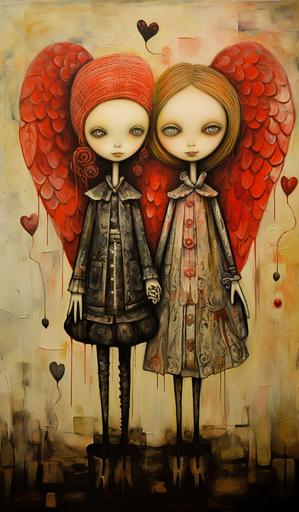 Chibi Couple joined together, with an angel above them: cartoon in the chibi style of gouache, Anton Semenov, peter mitchev, pyotr konchalovsky, hard edge painting, camille-pierre pambu bodo --ar 7:12