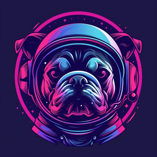 Chibi style mascot, cartoon English bulldog in a space Suit space Neon glow, minimalist Silk Screen style