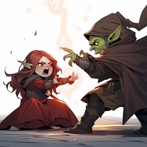 Chibi style, small goblin with green skin points finger accusingly while arguing comedically with a red haired elven mage, tiny robed Goblin mage makes fun of cute female elf sorceress, diminutive goblin in mage robes debates with red haired elf that has golden eyes, male Goblin with green skin argues in a funny way with pretty female elf with golden eyes, squat Goblin mage in full robes stomps behind an cute and angry female elf with red hair, Arguing, argument, angry, cute, funny, Full Body Hero, Full view, bright sunlight, unreal render, ultra realistic digital art, hyper realistic, 150 mm lens, soft rim light, octane render, unreal engine, volumetric lighting, dramatic light, 8k, neon ray tracing, path tracing, volumetric light, optix Cinematic post processing, cinema4d, octane render, optix, volumetric fog, global illumination, photorealism, post processing Photoshop, --niji 5