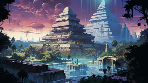 Chichen Itza, cyberpunk style, design by Frank Lloyd Wright, illustrated by Syd Mead, cool color temperature, --ar 16:9