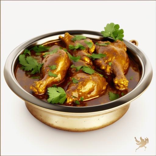 Chicken curry or masala , spicy reddish chicken leg piece dish garnished with coriander leaf ,which is traditionally arranged in a brass bowl with white background