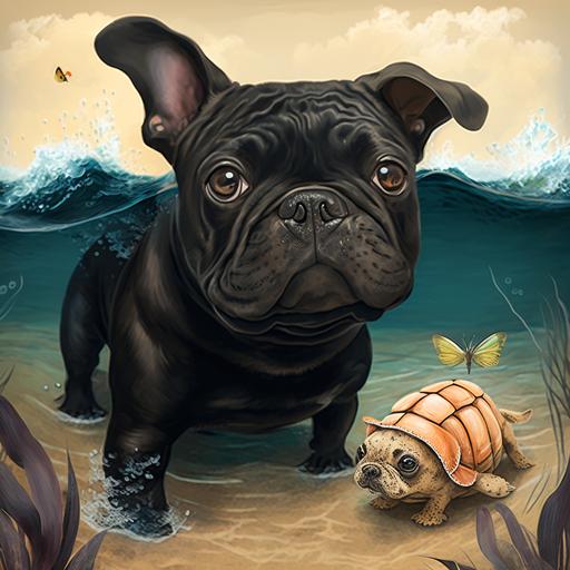 Chico the black brindle French bulldog is excited to go to the beach for the first time. He makes new friends, learns to swim, and helps save a baby turtle.