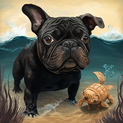 Chico the black brindle French bulldog is excited to go to the beach for the first time. He makes new friends, learns to swim, and helps save a baby turtle.