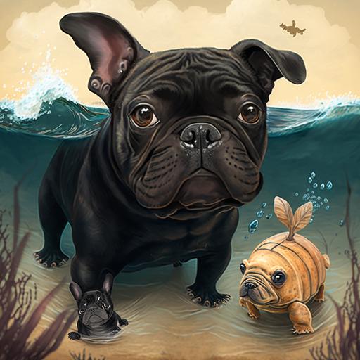 Chico the black brindle French bulldog is excited to go to the beach for the first time. He makes new friends, learns to swim, and helps save a baby turtle.