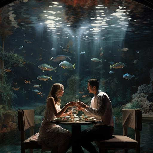 Chico y chica de 40 años y ropa informal cenando en un restaurante por la noche con un acuario gigante de fondo en el que nada un atun y algunos peces más con un bogavante en el fondo del acuario