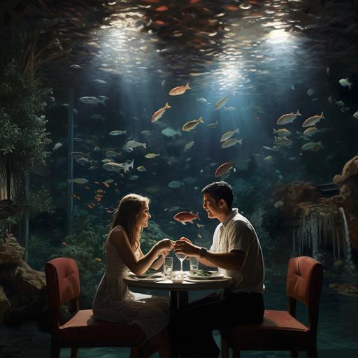 Chico y chica de 40 años y ropa informal cenando en un restaurante por la noche con un acuario gigante de fondo en el que nada un atun y algunos peces más con un bogavante en el fondo del acuario