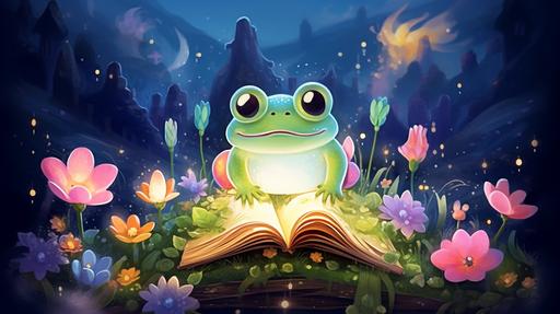 Child illustration, fairy tale book-style, featuring a frog with a crown, in a magical starlit night, surrounded by colorful fireflies, inside a pond with flowers, created in a handmade colored pencil style --ar 16:9