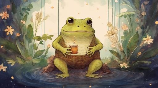 Child illustration, storybook-like, featuring a frog with a crown, in a magical starry night, surrounded by colorful fireflies, inside a pond with flowers, hand-drawn style using colored pencils, watercolors, and brushes. --ar 16:9