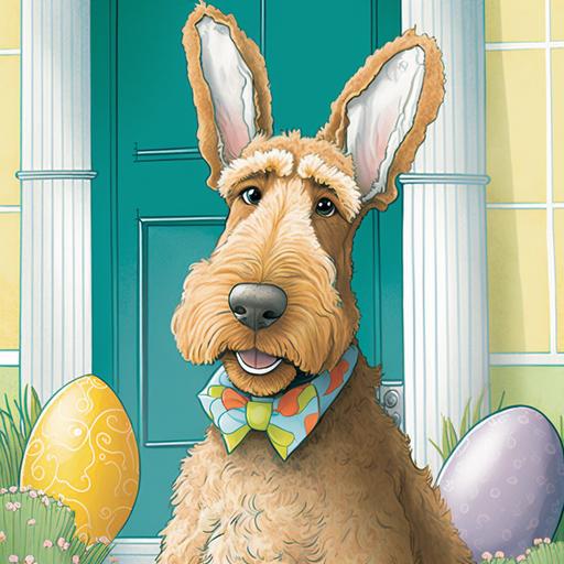Children's book illustration of airedale dressed as easter bunny, fun, funny, happy, easter eggs,