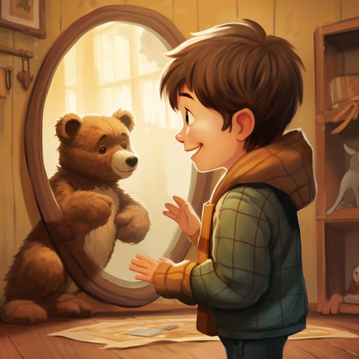 Childrens book style illustration of little boy with brown hair looking in mirror and seeing bear cub smiling back at him