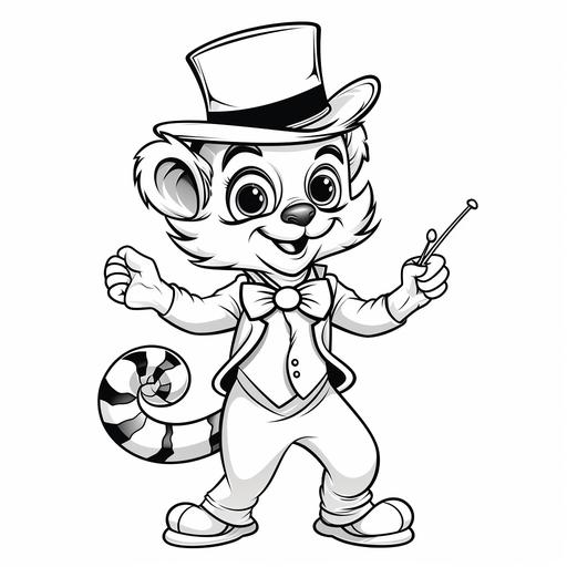 Childrens coloring page thick black lines white background lemur wearing a top hat and a cane dancing cartoon style