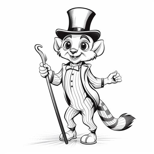 Childrens coloring page thick black lines white background lemur wearing a top hat and a cane dancing cartoon style