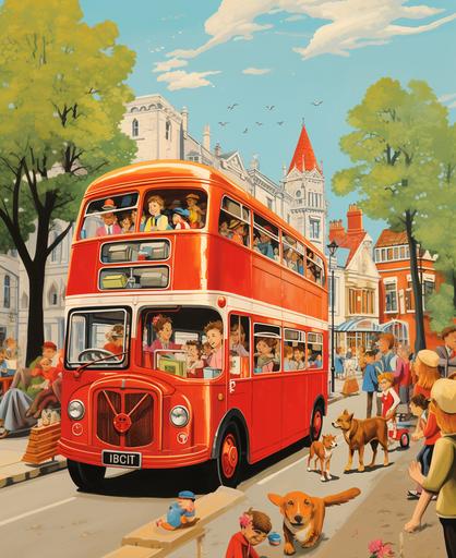 Childrens storybook, Human with head of a dog driving a red double decker bus, wide shot, passengers looking out the window, cartoon, --ar 9:11
