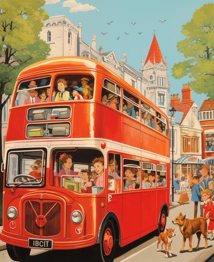 Childrens storybook, Human with head of a dog driving a red double decker bus, wide shot, passengers looking out the window, cartoon, --ar 9:11