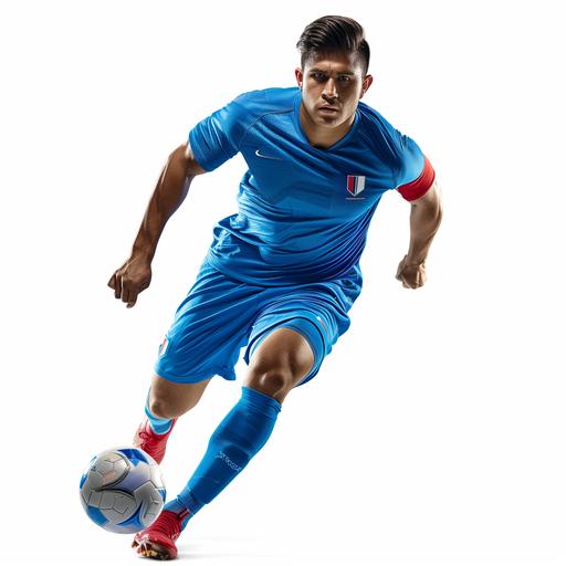 Chilean soccer player, blue outfit, no logotypes. Full body, studio photo with normal white balance, volumetric lighting, sony a7rIV camera photo, no background. In motion, looking forward. --style raw --v 6.0