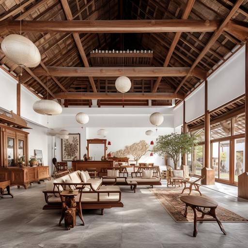 Chinese Jiangnan-style, interior characterized by a light wooden tone and white walls. The space features a 7.5-meter high sloping roof made of thatched grass and several horizontal beams. Large floor-to-ceiling windows adorn both sides of the scene. The wall directly ahead of the scene is painted white, creating an ambiance reminiscent of the Jiangnan region. In the center of the scene, there is a sofa area consisting of a three-seater sofa and a single-seater sofa, both in a beige soft-backed daybed style. They are accompanied by some single chairs and antique furniture accessories. The flooring combines old slate and aged wooden planks, creating an engaging mix. The interior is filled with lush greenery, evoking the landscapes of Jiangnan. There is also an indoor water pool and a Jiangnan-style courtyard.