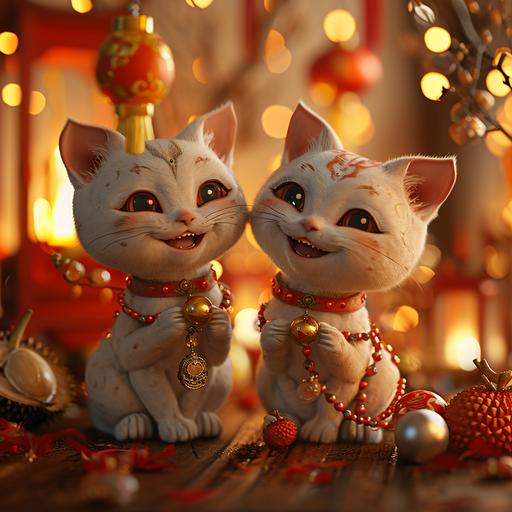 Chinese New Year greeting image, 4K photorealistic, two smiling cute cats holding Crystal and pearl bracelets, smiling and greeting at the camera, festive lighting, durian, crystal decoration background ar 2:3 --v 6.0 --s 250