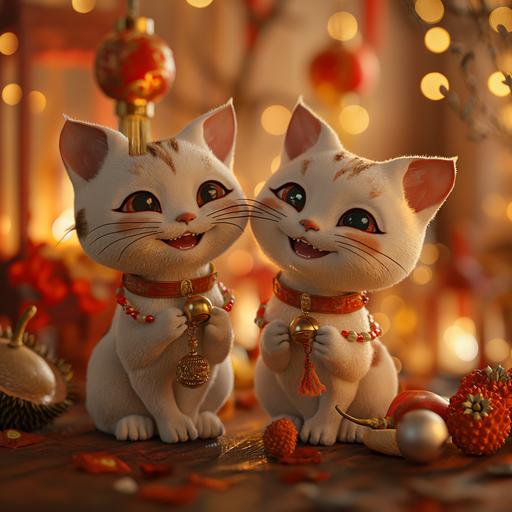 Chinese New Year greeting image, 4K photorealistic, two smiling cute cats holding Crystal and pearl bracelets, smiling and greeting at the camera, festive lighting, durian, crystal decoration background ar 2:3 --v 6.0 --s 250