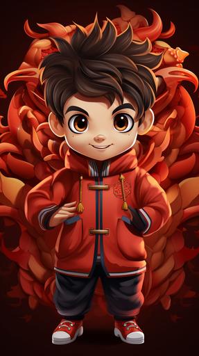 Chinese New Year, red, dragon, cartoon characters, cute --version 5.2 --aspect 9:16 --stylize 400 --chaos 0 --style raw