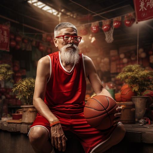 Chinese New Year themed basketball court, muscular old chinese man with circle sunglasses, wearing a red basketball jersey, holding a basket filled with hong pao, photo realistic, 16:9