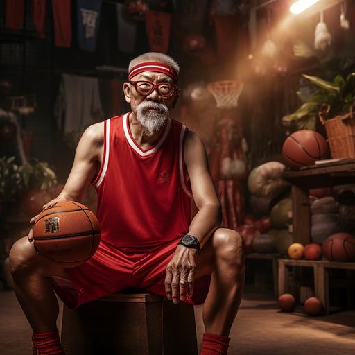 Chinese New Year themed basketball court, muscular old chinese man with circle sunglasses, wearing a red basketball jersey, holding a basket filled with hong pao, photo realistic, 16:9