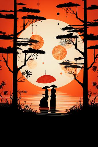 Chinese ancient women hanging oil paper umbrellas at random, enjoying the cool under pine trees, Paper Cuttings art, minimalism, eclecticism, Chinese style, orange black, scene design, stage design, wide angle, backlight, sunrise and sunset, high detail, 16K --c 6 --ar 2:3 --style raw --v 5.2
