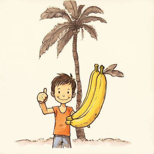 Chinese cartoon, a boy, hand holding a banana, the other hand gives a thumbs-up, --ar 1:1