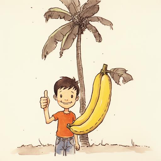 Chinese cartoon, a boy, hand holding a banana, the other hand gives a thumbs-up, --ar 1:1