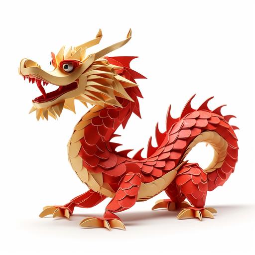 Chinese chilong paper dragon, chienese new year, gold and red, origami, cardboard, 3D, rough, profile position, long body like a snake, white background, horizontal