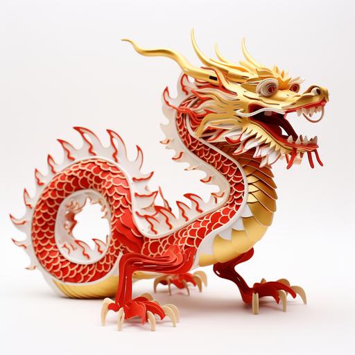 Chinese chilong paper dragon, chienese new year, gold and red, origami, cardboard, 3D, medium details, long body like a snake, white background, horizontal