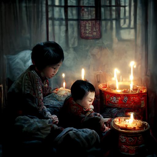 Chinese elder brother uses candles to watch his sister sleep