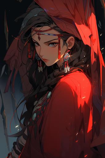 Chinese half-elven female warrior, 29 years old, short loose burgundy::2 hair, dark orange armor::2, holding a small iron bell::2, walking past a ruined tower in a forest, dawn, full body::2 --ar 2:3 --niji 5