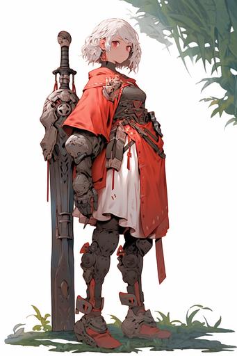 Chinese half-elven female warrior, 29 years old, short loose burgundy::2 hair, dark orange armor::2, holding a small iron bell::2, walking past a ruined tower in a forest, dawn, full body::2 --ar 2:3 --niji 5