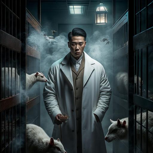 Chinese man in white coat, in a dark room with lots of animal cages behind him, looks into the camera while smoking a cigarette vertical poster 3d realistic shooting photo