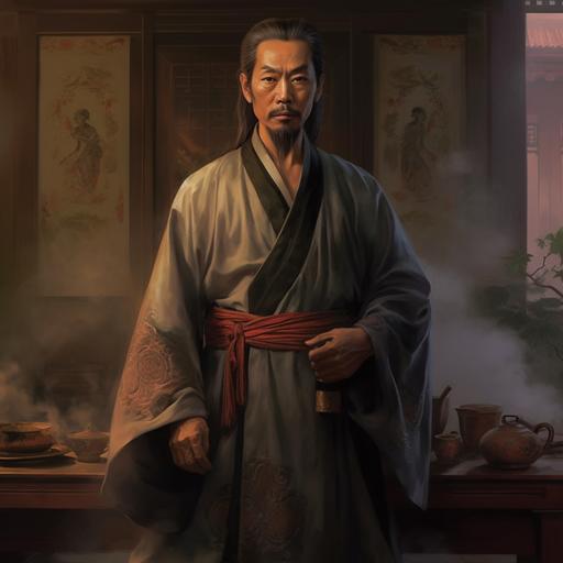 Chinese, man,waist, ancient style, mature, big eyes, coat, strong light, morning light, twilight, painting --v 5.1